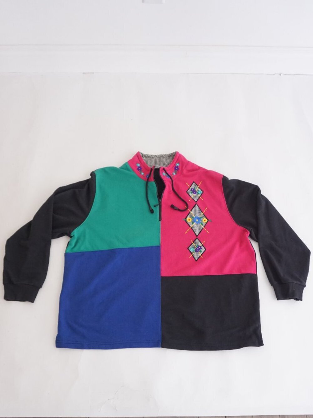 Vintage Colorblock Floral Embroidered Quarter Zip Eclectic Grandmacore Top 2X